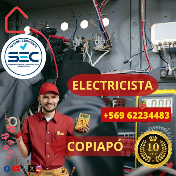 Electricista certificado SEC en Copiapó realizando instalación eléctrica segura y profesional.