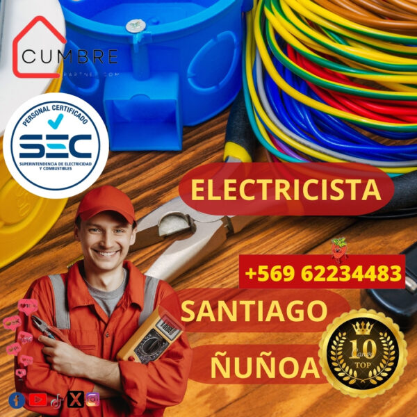 Electricista certificado SEC en Ñuñoa, Santiago, realizando instalación eléctrica segura y profesional.