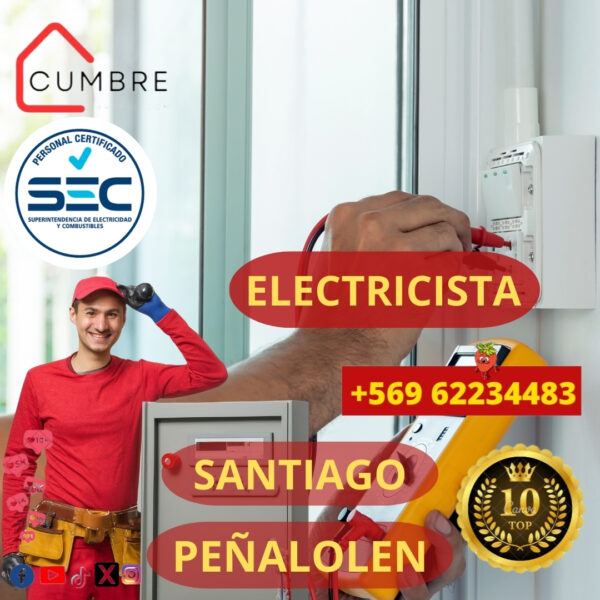 Electricista certificado SEC en Peñalolén, Santiago, realizando instalación eléctrica segura y profesional.