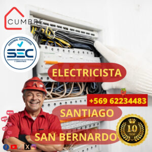 Electricista certificado SEC en San Bernardo, Santiago, realizando instalación eléctrica segura y profesional.