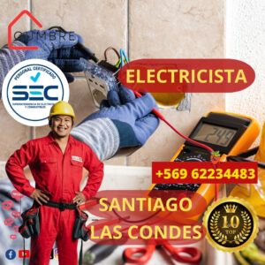 Electricista certificado SEC en Las Condes, Santiago, realizando instalación eléctrica profesional y segura.